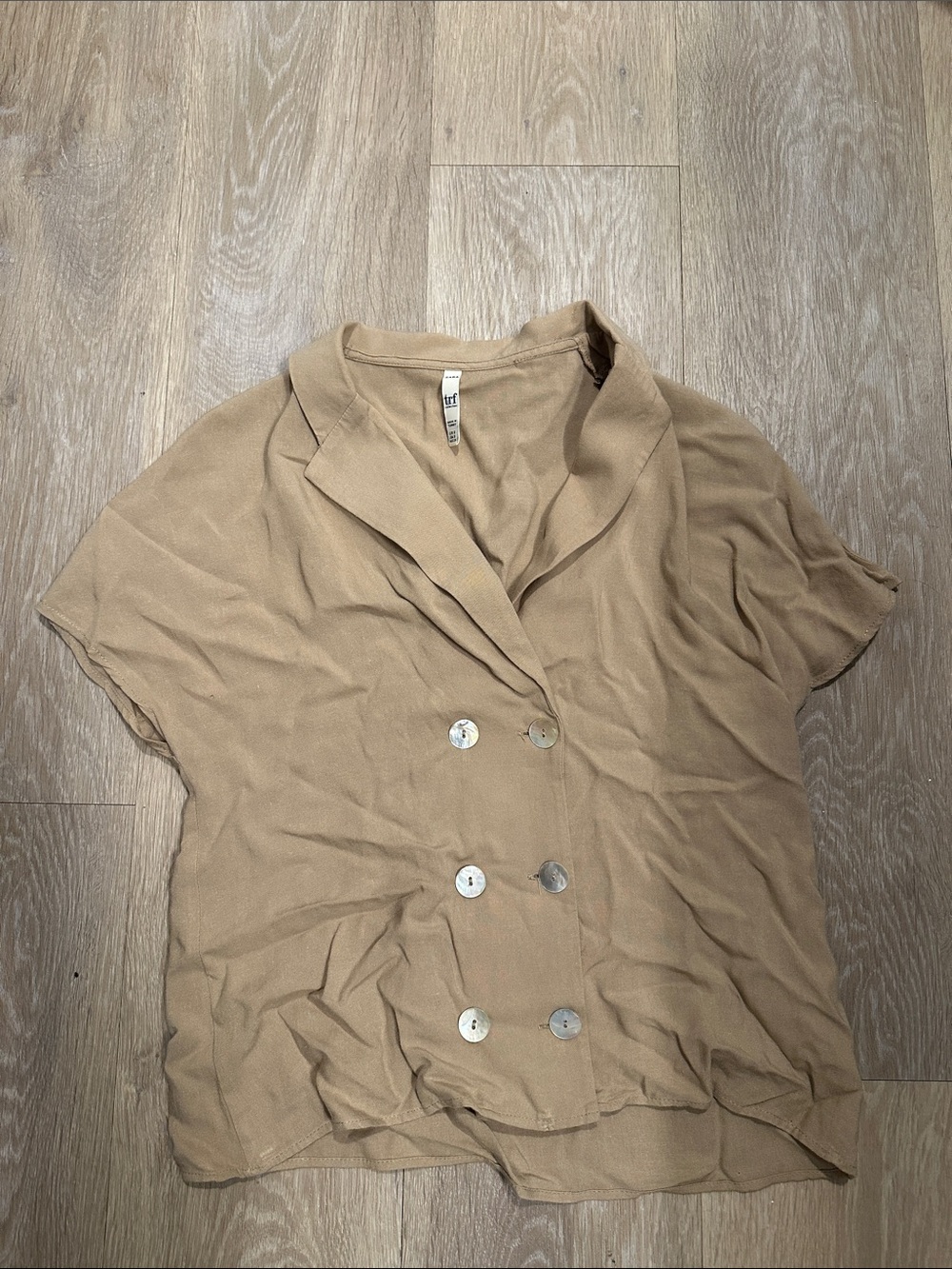 ZARA tan linen button up top S